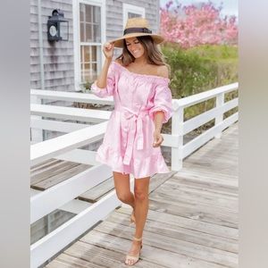 CAITLIN COVINGTON X PINK LILY Nantucket Pink Off the Shoulder Mini Dress